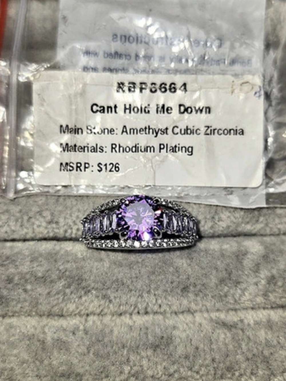 Size 10 Can't Hold Me Down Amethyst Cubic Zirconia Rhodium Plated BombParty Ring